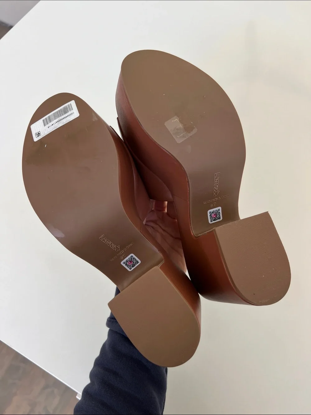Larroude miso caramel tan brown open toe platform sandals heels 7